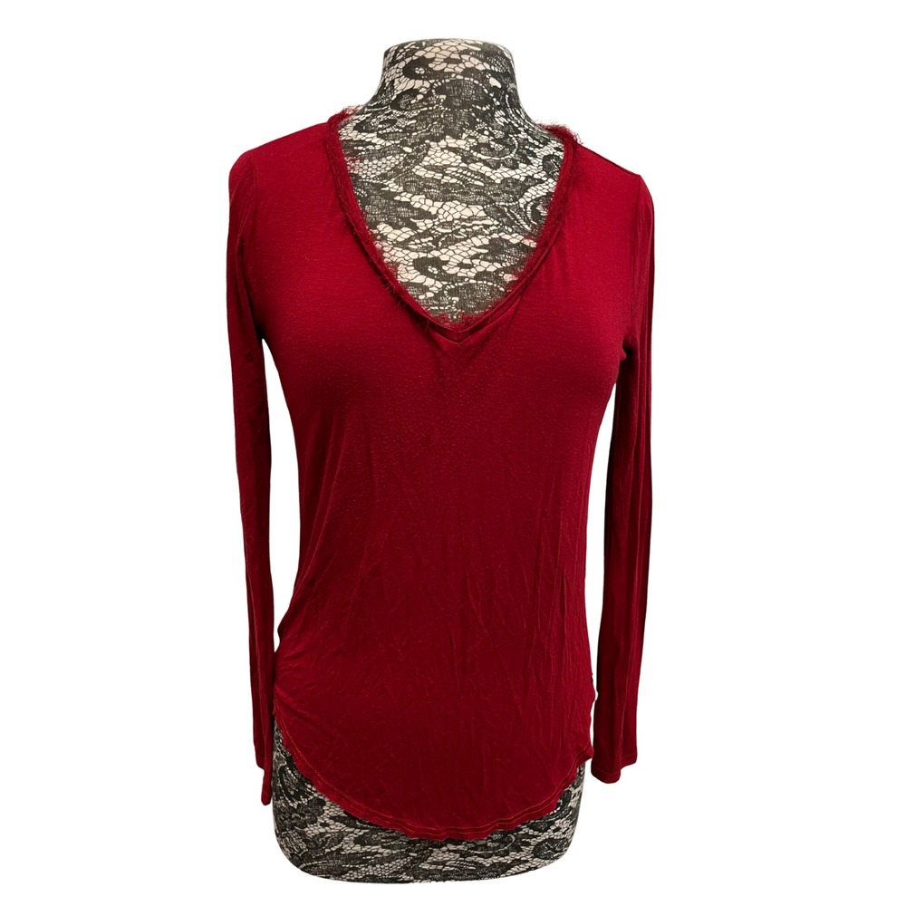 Abercrombie Fitch V-neck Long Sleeve Top XS Red Soft Slinky Slim Eyelash Basic‎